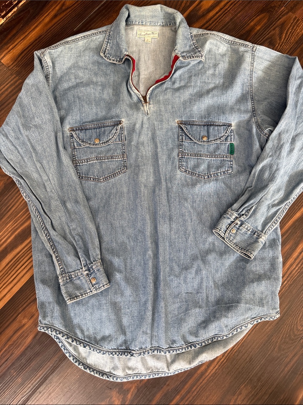 Guess Light Blue Denim Shirt with Green and Navy Logo